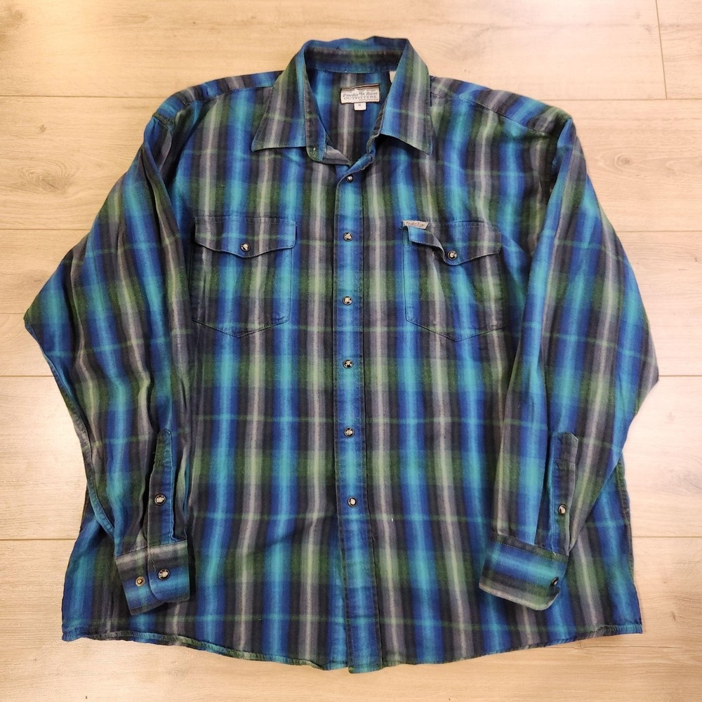 Powder River Outfitters Shirt Mens XL Blue Green Plaid Western Pearl Snap Cowboy
